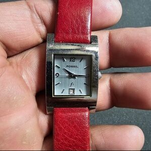 Fossil F2 Ladies Quartz Watch Silver Tone Rectangle Resd Strap Working ES-9584